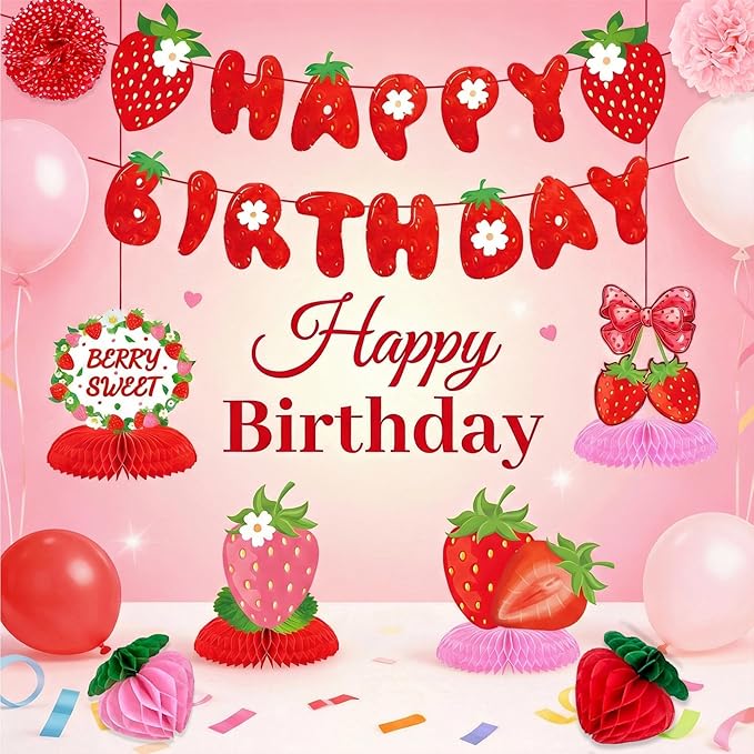 Strawberry Birthday Party Decorations ，Strawberries Banner Backdrop Red Pink Fans Hanging Swirls honeycomb ball Pom Poms for Baby Shower Strawberrys Shortcake Party Supplies(Strawberry)
