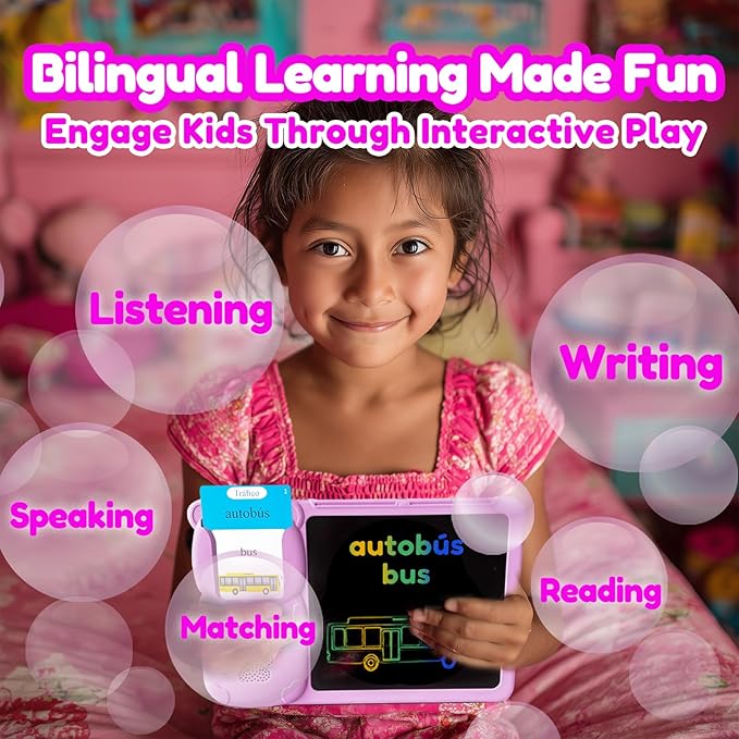 Drawing Tablet with Bilingual Flashcards for Kids - Spanish English Talking Flash Cards, LCD Writing Pad Board, Pocket Speech for Toddlers, Learning Toy Gift for Boys Girls (Spanish, Pink)
