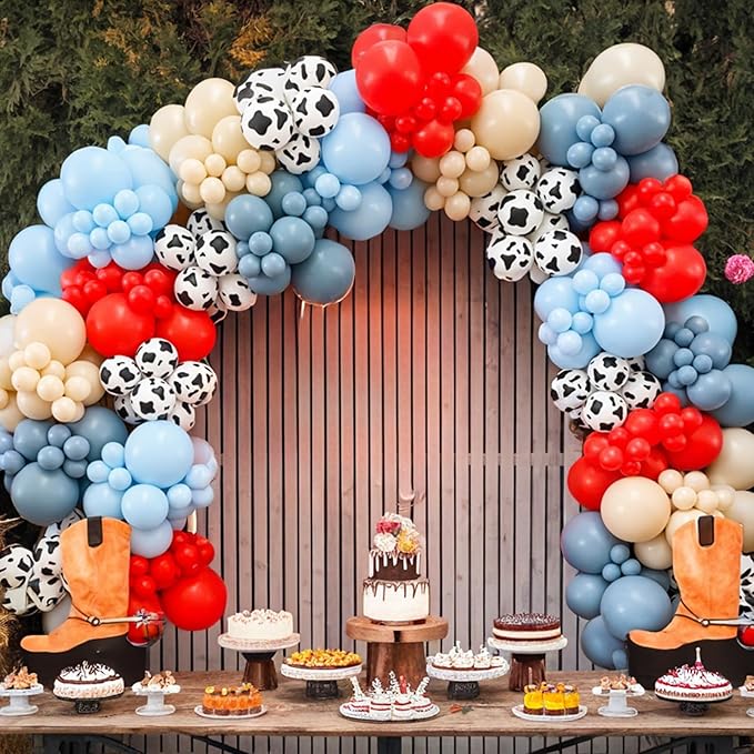 Red Blue Cow Balloons, 50Pcs 12 Inch Red Dusty Blue Sand White Farm Balloons for Kids Girl Boy Farm Theme Birthday Western Cowboy Party Baby Shower Decorations