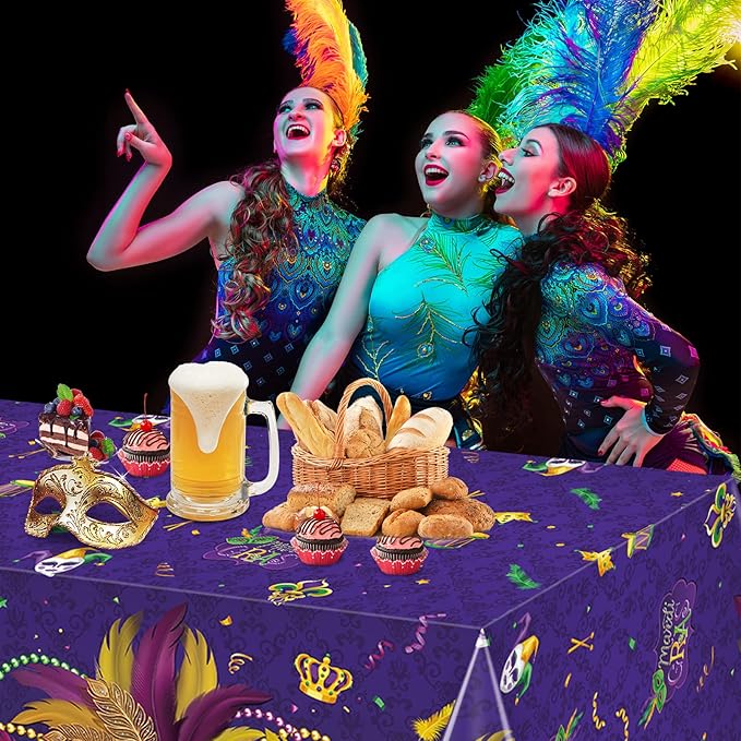 6 Pack Mardi Gras Tablecloth, Masquerade Dancing Table Decorations, Plastic Purple Table Cover Backdrop for Mardi Gras Carnival Party Supplies and Decors, 54 x 108 Inch