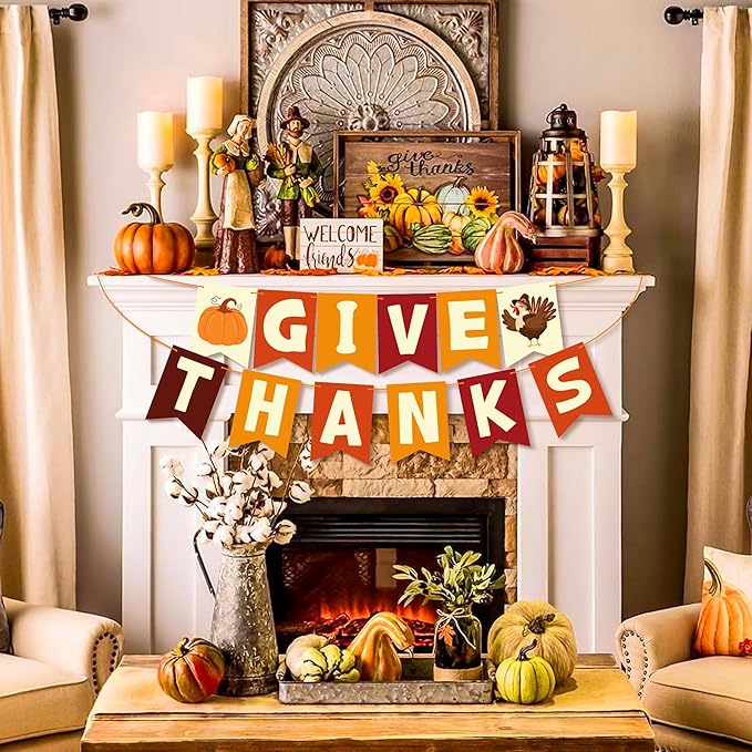 OHOME Thanksgiving Decorations - GIVE THANKS Banner | Friendsgiving Party Decorations for Indoor Outdoor Outside - Thanksgiving Garland for Front Door | THANKSGIVING Backdrop Wreath for Window Wall