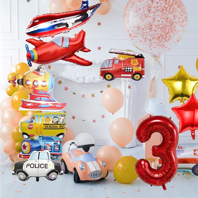 12pcs Transportation Balloons, Truck Plane School Bus Fire Truck Police Car Ship Ambulance Submarine Foil Balloon, Transportation 3rd Birthday Vehicles Theme Party Supplies Decorations (3rd)