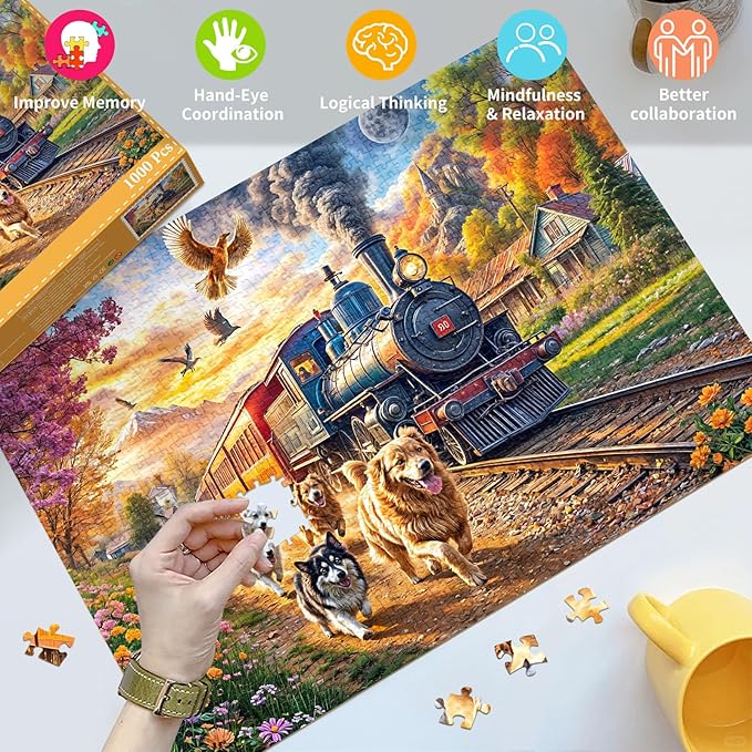 Jigsaw Puzzles for Adults 1000 Pieces, Interlock Perfectly Letter on Back No Dust, Home Decor Birthday Party Gift Toy for Men Women Elders Seniors, 1:1 Poster-Happy Train
