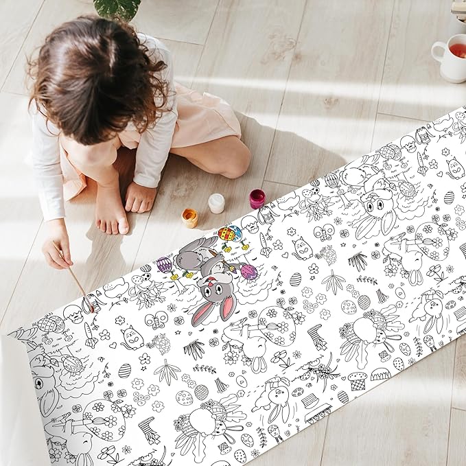 Spring Easter Coloring Tablecloth for Kids: 72x30 Inch Activity Poster Crafts, Classroom Game, Spring and Easter Paper Table Cloth & Cover, Bunny & Egg Tablecloth Banner Party Supplies Decoration