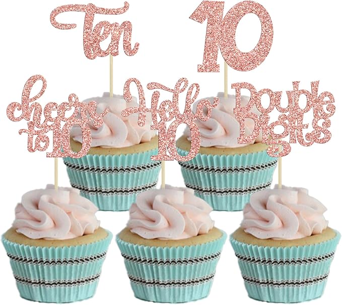 30Pcs 10th Birthday Cupcake Toppers Ten Double Hello 10 Cupcake Picks Cheers to 10 Years Old Cake Decorations for 10th Birthday Party Supplies Rose Gold Glitter