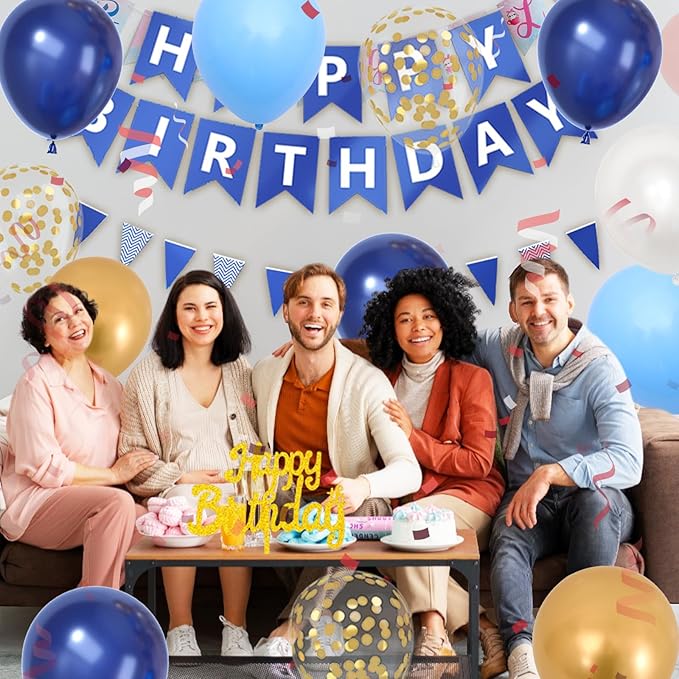 Navy Blue Birthday Decorations, Dark Happy Birthday Party Decorations With Metallic Gold Pearl White Light Blue Fringe Curtain Banner Cake Topper For Man Woman Party Supplies