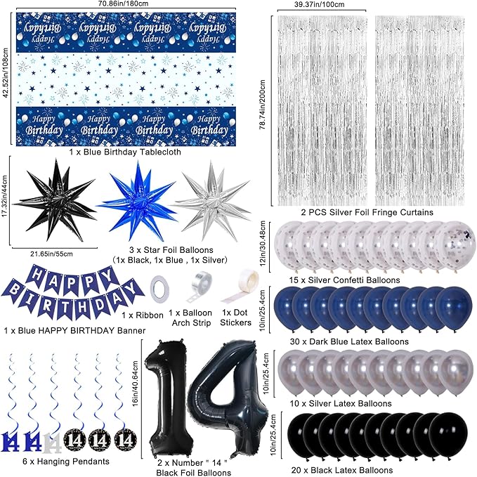 14th Birthday Decorations for Boys and Girls Dark Blue, 14 Party Decorations with HAPPY BIRTHDAY Banner 14 Balloon Number Tablecloth Foil Star Balloons Garland Arch Kit-14 Year Old Party Supplies