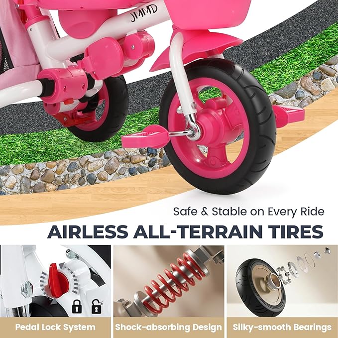 JMMD 8 in 1 Tricycle Stroller with Push Handle, Foldable Trike with 360° Swivel Seat, Reclining Backrest, All-Terrain Wheels, Dual Brakes, Canopy & Storage, Gift for Kids 18 Months to 5 Years, Pink