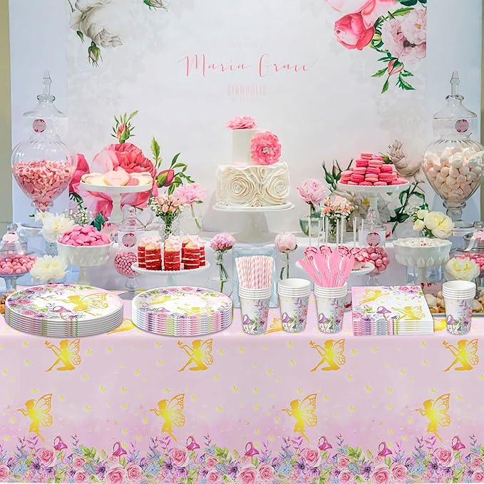 APOWBLS Fairy Birthday Party Supplies - Floral Gold Fairy Party Decorations for Birthday Baby Shower Spring Tea, Paper Plate, Cup, Napkin, Tablecloth, Cutlery | Serves 24