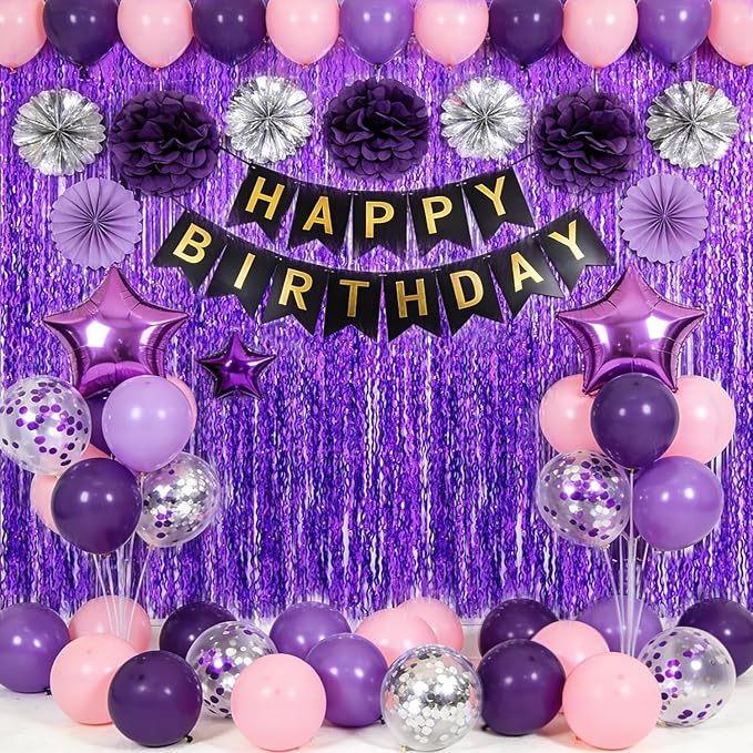 TONIFUL 2Pcs Wavy Purple Door Streamers,Black and Pink Photo Booth Backdrop Metallic Streamers Foil Fringe Curtain for Birthday,New Year,Graduation,Grad,Baby Shower Party Streamers Decoration