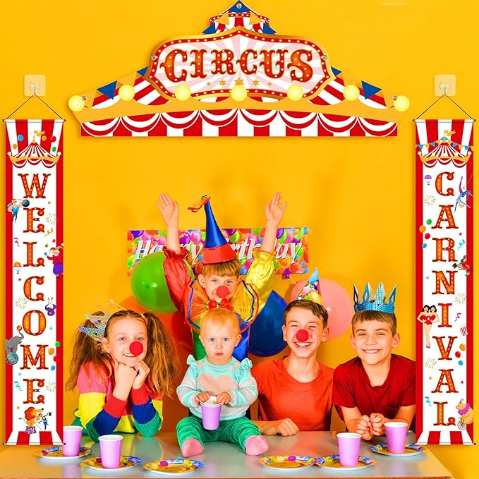 Blulu 3 Pcs Carnival Circus Porch Banner Decorations Circus Party Awning Hanging Banner Carnival Welcome Door Decorations Set for Birthday Baby Shower Party Supplies