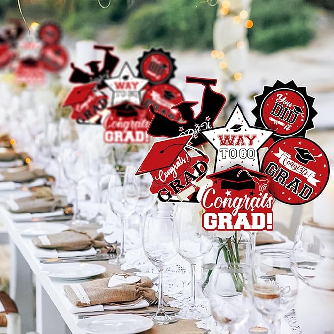 24Pcs Graduation Party Decorations Class of 2026, Graduation Centerpieces for Tables, 2026 Congrats Grad Party Centerpiece Stick Table Toppers for Graduation Party Supplies (Red)