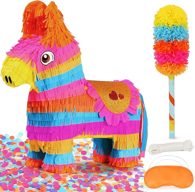 Cinco De Mayo Donkey Pinata with 24" Stick and Rope | Large Rainbow Piñata Decorations for Birthday Party, Taco Tuesday, Mexican Theme Fiesta (16 X 13.5 X 5.7 In)