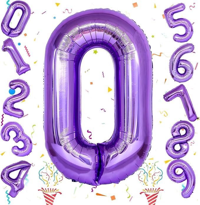 Purple Number Balloons, 40 Inch Foil Large Balloons, Helium Self Inflating Number Balloon for Girls Women 10th 20th Birthday Party Bridal Shower Anniversary Ceremony Party Decoration Supplies