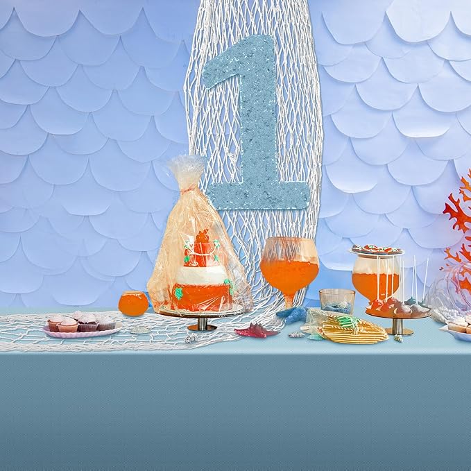 Unittype 6 Pcs Fish Net Decorative and Tablecloth Set, Cotton Fishnet and Plastic Table Cover Decorations Set for Nautical Themed Party Baby Shower Pirate Decorations Mermaid Party (Classic Color)