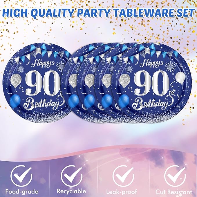 Blue 90th Birthday Decorations for Men Navy Blue Silver Happy 90th Birthday Tableware Set Include Happy 90th Birthday Plates Napkins Tablecloth for 90 Year Old Anniversary 1936 Party Decor Supplies