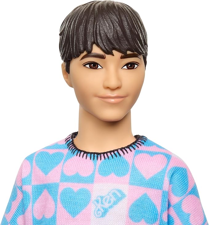 Barbie Fashionistas Ken Doll #219 with Slender Body Wearing a Removable Long-Sleeve Pink & Blue Patterned Shirt with Shorts