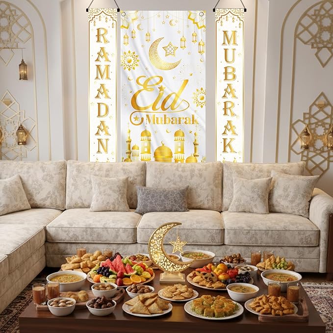 Eid Mubarak Banner Decoration, Ramadan Mubarak Door Cover Banner Decoration for Home, Gold Moon Castle Outdoor Wall Hanging Banner Decor for Holiday Party Supplies