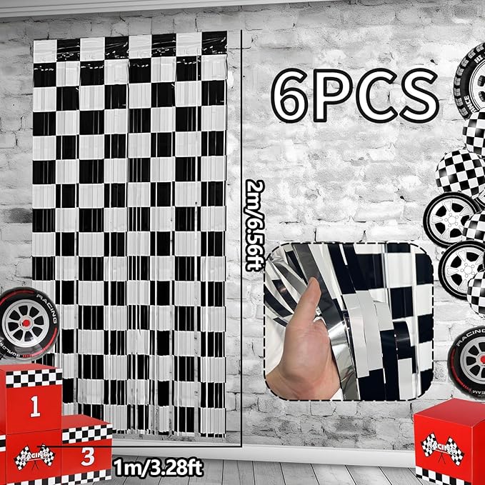 Race Car Foil Fringe Curtains Backdrop Birthday Party Decorations, 6 Pack 3.28 x 6.56 Ft Black White Foil Fringe Curtain Photo Booth Props Racing Car One Happy Dude Party Decorations