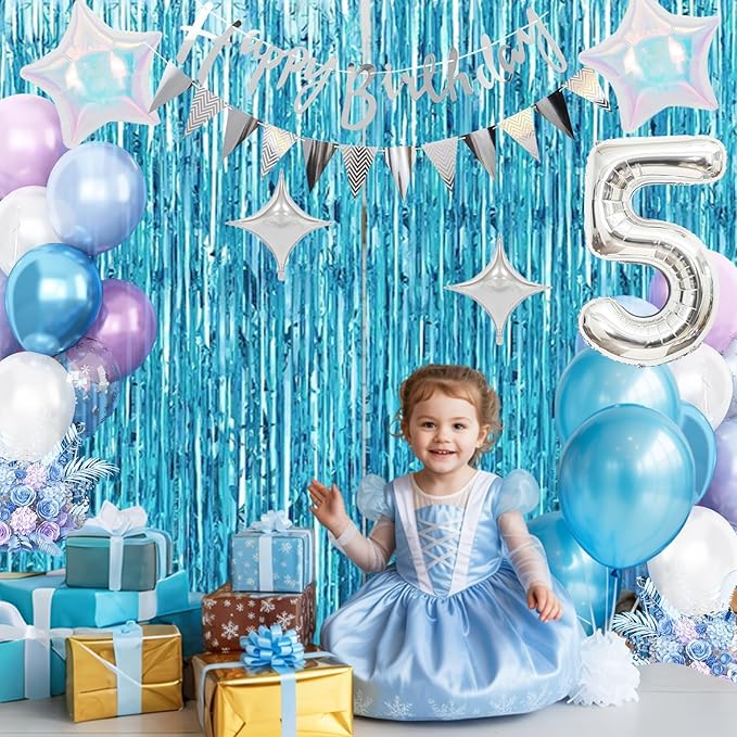 5th Snow Birthday Decorations for Girl, Blue Purple Balloons with Happy Birthday Banner Curtain Silver Number 5 Balloon Iridescent Star Foil Balloons for Girls Baby Shower Birthday Party Supplies