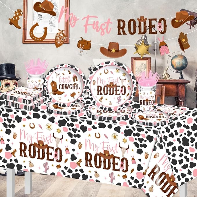 My First Rodeo Birthday Decorations - 142Pcs Western Cowgirl Tableware for 1st Birthday Party Supplies, Pink Baby Shower Dinnerware for Girl