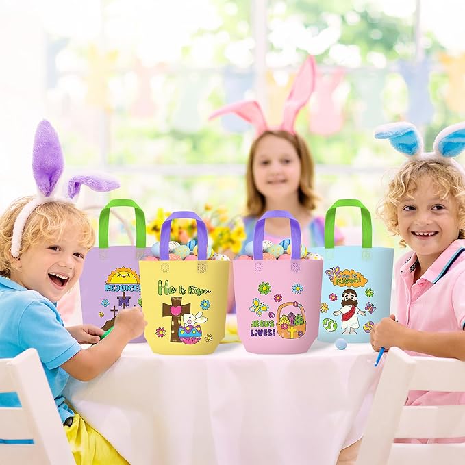 Easter Coloring Goodie Bags for Kids - 24Pcs He is Risen Bulk Color Your Own Gift Bags with Handle Religious Jesus Reusable Non Woven Coloring Tote Packet for DIY Crafts Painting Party Favor Supplies