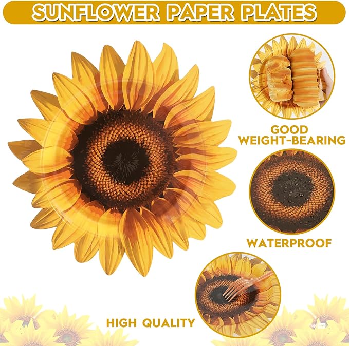50 Pcs Sunflower Paper Plates Sunflower Shaped Plates Sunflower Baby Shower Party Supplies Sunflower Print Theme Plate for Birthday Baby Shower Bridal Shower Spring Garden Party Decorations