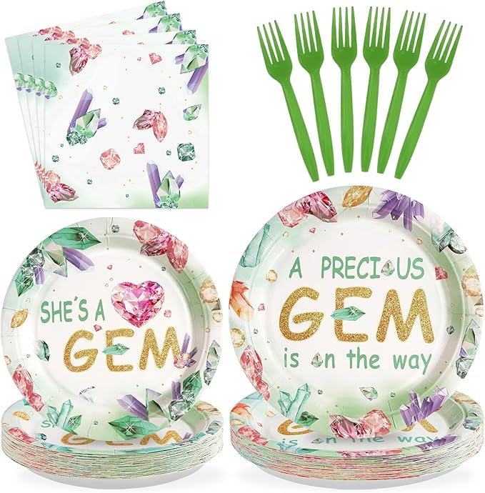 96Pcs Gem Stone Baby Shower Party Supplies She is a Gem Plates and Napkins Green Crystal Jewel Tableware Sets Glitter Jewel Geology Themed Decor for Baby Shower Newborn Girl Birthday Party Serve 24
