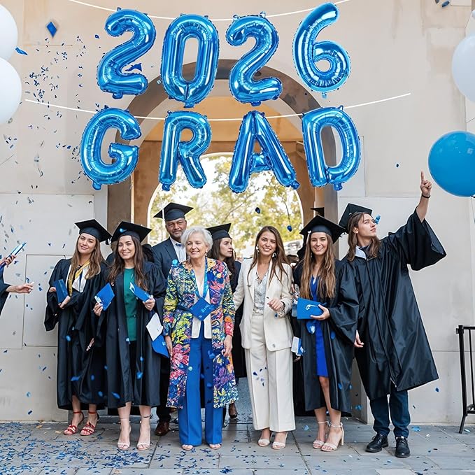 Blue 2026 GRAD Congrats Balloons, 16 Inch Matte Blue Grad Foil Balloons Banner Sign for Graduation Decorations 2026, College High School Class of 2026 Graduate Congratulations Party Decor Supplies