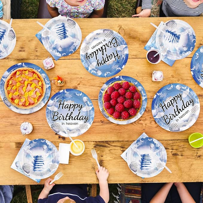96 Pcs Happy Birthday in Heaven Party Supplies Funeral Remembrance Plates and Napkins Disposable Funeral Memorial Tableware Set for Condolence Birthday Anniversary Party Decorations Serves 24