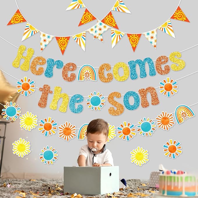 Pasimy Here Comes The Son Baby Shower Decor, Boho Retro Groovy Pennant Banner Sunshine Cutouts Banner for Boy First Trip Around The Sun 1st Birthday Party Supplies
