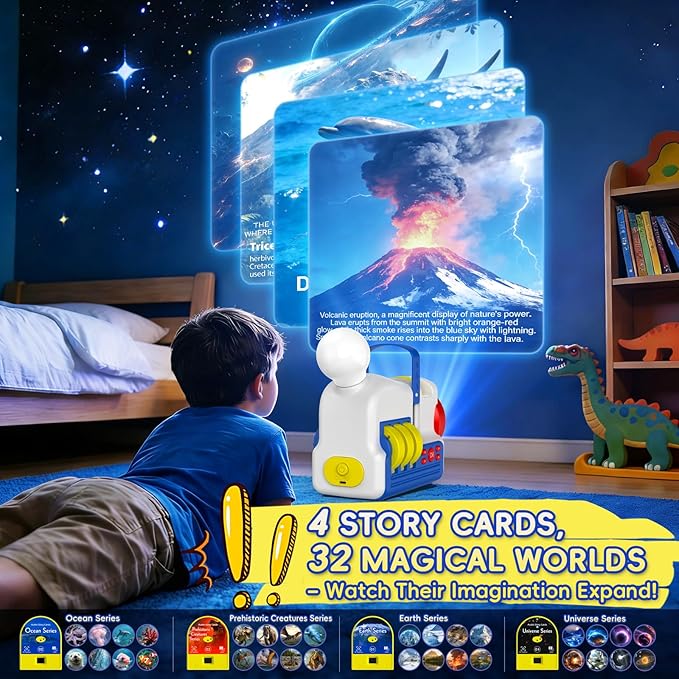 Story Projector for Kids, Educational Story Dream Machine with 32 Stories & 4 Science Cartridges, Audio Books for Toddlers, Night Light & White Noise, Bedtime Story Player
