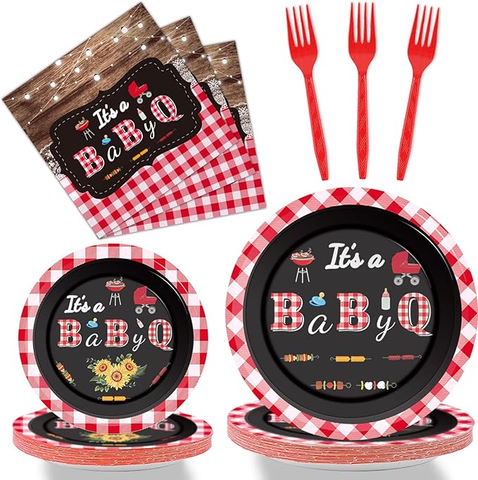 Tevxj 96 PCS BBQ Baby Shower Plates Napkins BabyQ Party Tableware It’s A Baby Q Disposable Paper Plates Napkins Sunflower Rustic Barbecue Gender Reveal Baby Shower Party Decorations Supplies Favors