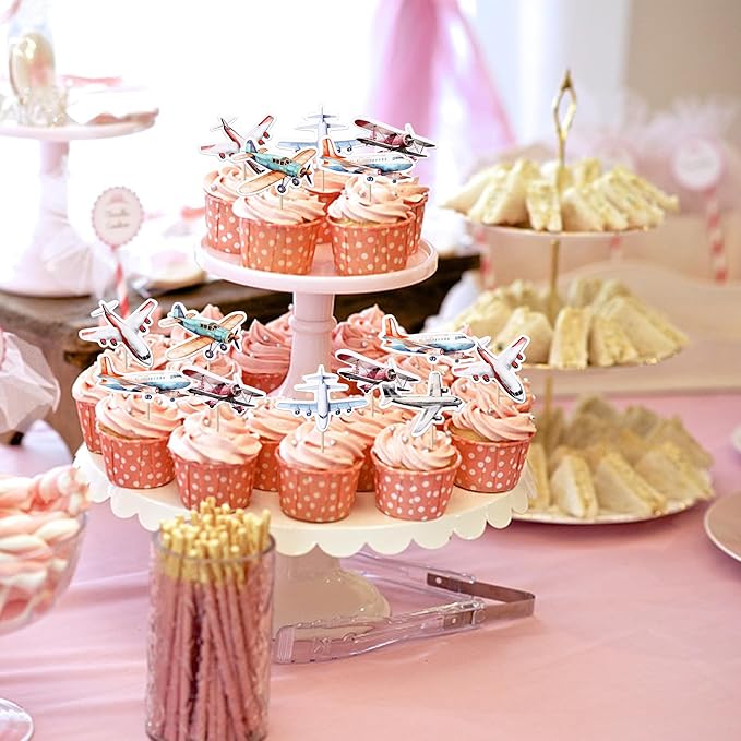 36 Pack Airplane Cupcake Toppers Glitter Plane Cupcake Picks for Baby Shower Aviation Fighter Theme Birthday Party Cake Decorations Supplies