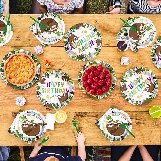 96Pcs Sloth Birthday Party Supplies Hanging Sloth Plates and Napkins Jungle Cute Animal Theme Tableware Set for Kids Girls Boys Animal Theme Birthday Party Supplies，Serves 24
