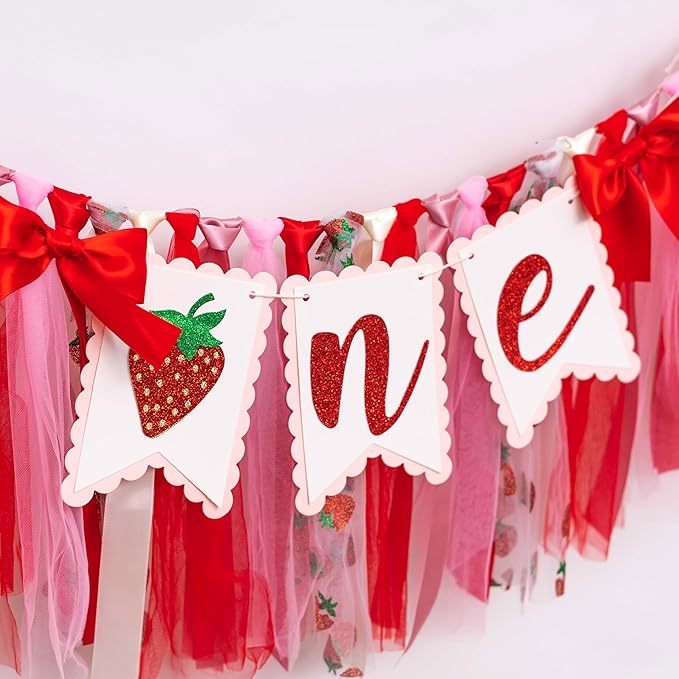 Strawberry One High Chair Banner - Strawberry 1st Birthday Party Decoration, Sweet Berry First Birthday Party Supplies, Berry Sign Anniversary Photo Background Props(Strawberry one banner red)