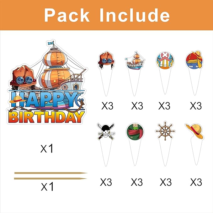 25pcs H Cartoon Birthday Decorations with 24pcs Cupcake Toppers, 1pcs Cake Topper for Birthday Party Supplies.