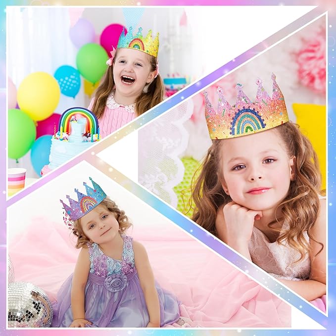 Sinmoe 32 Pcs Rainbow Birthday Party Crown for Kids Birthday Party Hats Rainbow Glitter Decorations Paper Crowns Headband for Girls Birthday, Rainbow Party Supplies, Classroom Activities,12 Styles