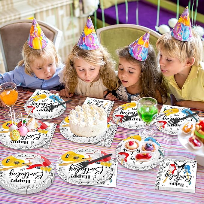 gisgfim 96Pcs Music Birthday Party Supplies Paper Plates Napkins Music Guitar Party Tableware Set Music Disposable Dinnerware Decorations Favors for Boys Girls Serves 24