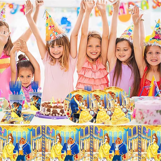 Beauty and The Beast Party Decorations(Serves 20), Princess Belle Birthday Party Tableware with Banner, Tablecloth, 20 Disposable 7" Paper Plates with Napkins for Kids Fans Birthday Party Decorations
