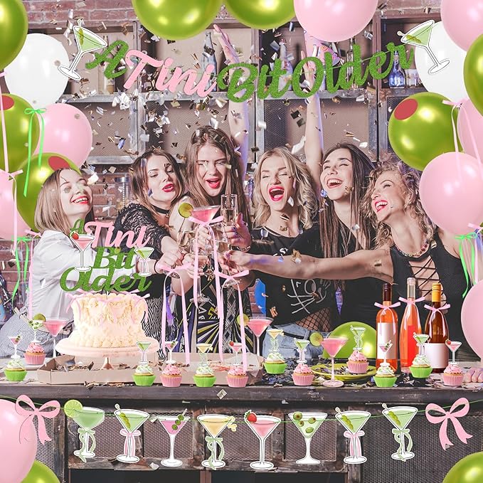 Martini Bow Birthday Party Decorations, Green Pink Glitter A Tini Bit Older Banner Garland Cake Topper Balloons for Girls Women Trendy Martini Bar Birthday Bachelorette Bridal Shower Party Supplies