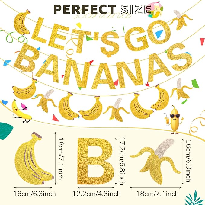 Clabby Pre Strung Banana Birthday Decorations Let's Go Bananas Letter Banner Gold Glitter Fruit Theme Banner for Fruit Birthday Party Baby Shower Supplies