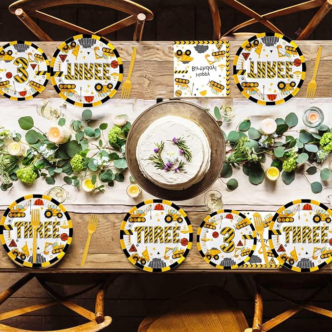 118 Pcs Construction 3rd Birthday Decor Construction Three Years Old Paper Dinner Plates Napkins Forks Cups Tablecloth Banner Dinnerware for Dump Truck Theme 3rd Bday Party Supplies Decorations