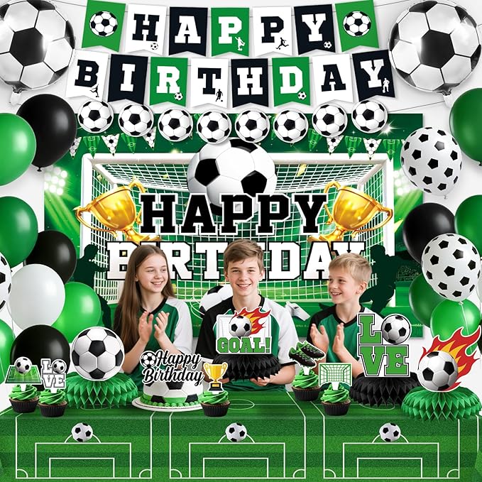 Soccer Birthday Party Decorations, 44Pcs Soccer Party Decorations Included Foil & Latex Balloons Happy Birthday Backdrop Tablecloth Cake Toppers Honeycomb Centerpieces for Boys’ Soccer Party Supplies
