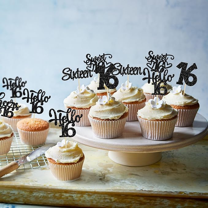 30Pcs 16th Birthday Cupcake Toppers Sixteen Happy 16th Cupcake Picks Sweet 16 Cake Decorations for Birthday Anniversary Party Supplies Black Glitter