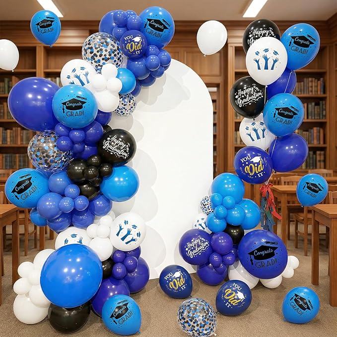 Blue Black White Graduation Balloons, 50 Pcs Congrats GRAD Cap Printed Balloons, 12 Inch Dark Navy Blue Black Confetti Latex Balloons Helium for Men Class of 2026 Happy Graduation Party Decorations