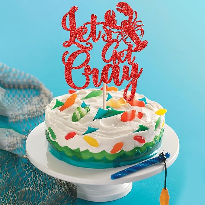 1 PCS Crawfish Cake Topper Red Glitter Let's Get Cray Cake Pick Crawfish Party Cake Decoration for Lobster Theme Carnival Baby Shower Birthday Single Divorce Party Cake Decorations Supplies