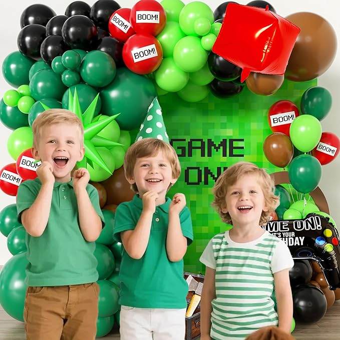 Green Balloon Arch Kit,Brow Green and Black Balloons Garland Kit For boy,Video Game Foil Balloon for Birthday Decorations,Party Supplies for boys