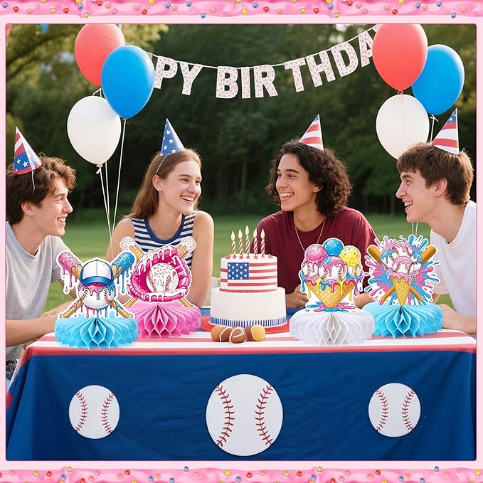 Faccito 10 Pcs Ice Cream Party Decorations 3D Ice Cream Drip Baseball Honeycomb Table Centerpieces Sport Themed Toppers for Summer Sport Birthday Party Supplies (Baseball)