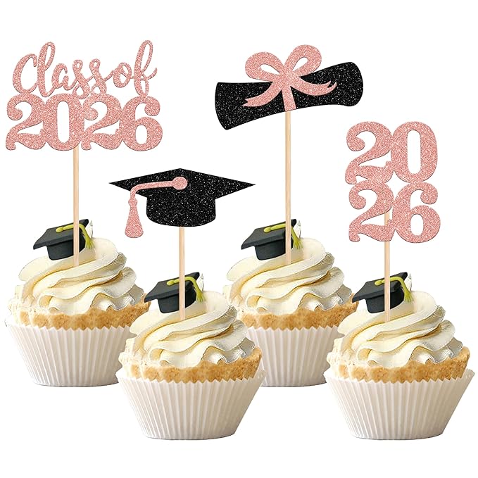 36 PCS 2026 Graduation Theme Cupcake Toppers Glitter Class of 2026 Grad Cap Diploma Cupcake Picks 2026 Graduation Theme Party Cake Decorations Supplies Rose Gold